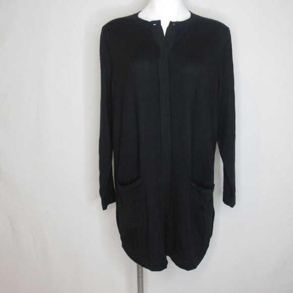 J. Jill Black Hidden Button Long Wool Blend Lightweight Cardigan Sweater Women L - Picture 1 of 8